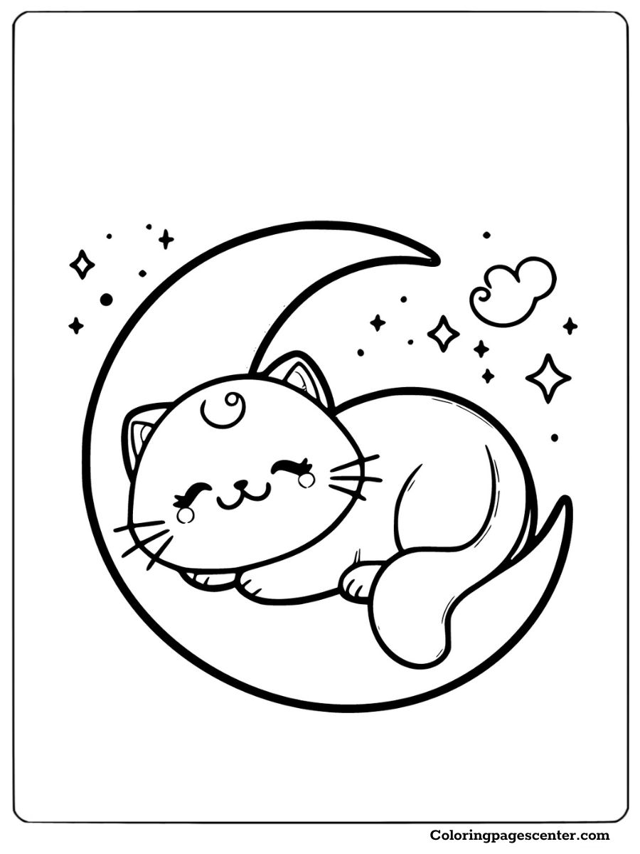 Cute cat sleeping on a crescent moon in a coloring page