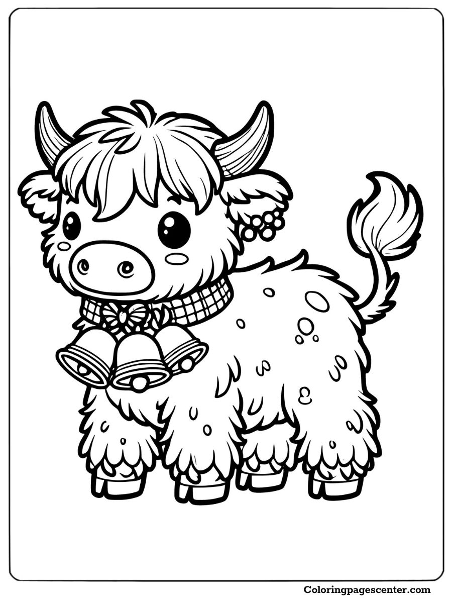 Highland cow wearing Christmas bells coloring page