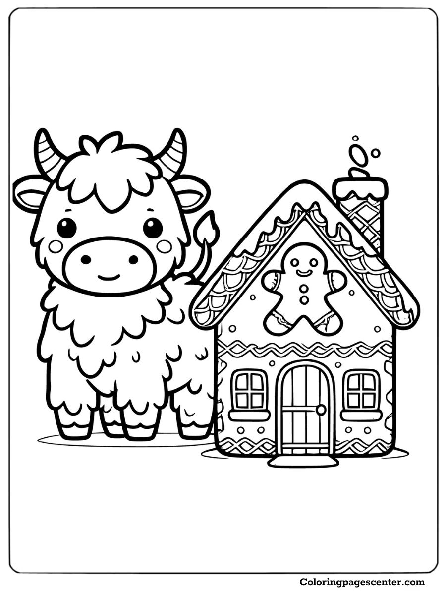 Highland cow beside a Christmas gingerbread house coloring page