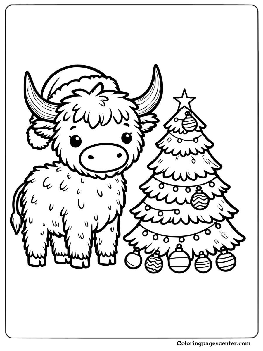 Highland cow with a Christmas tree coloring page