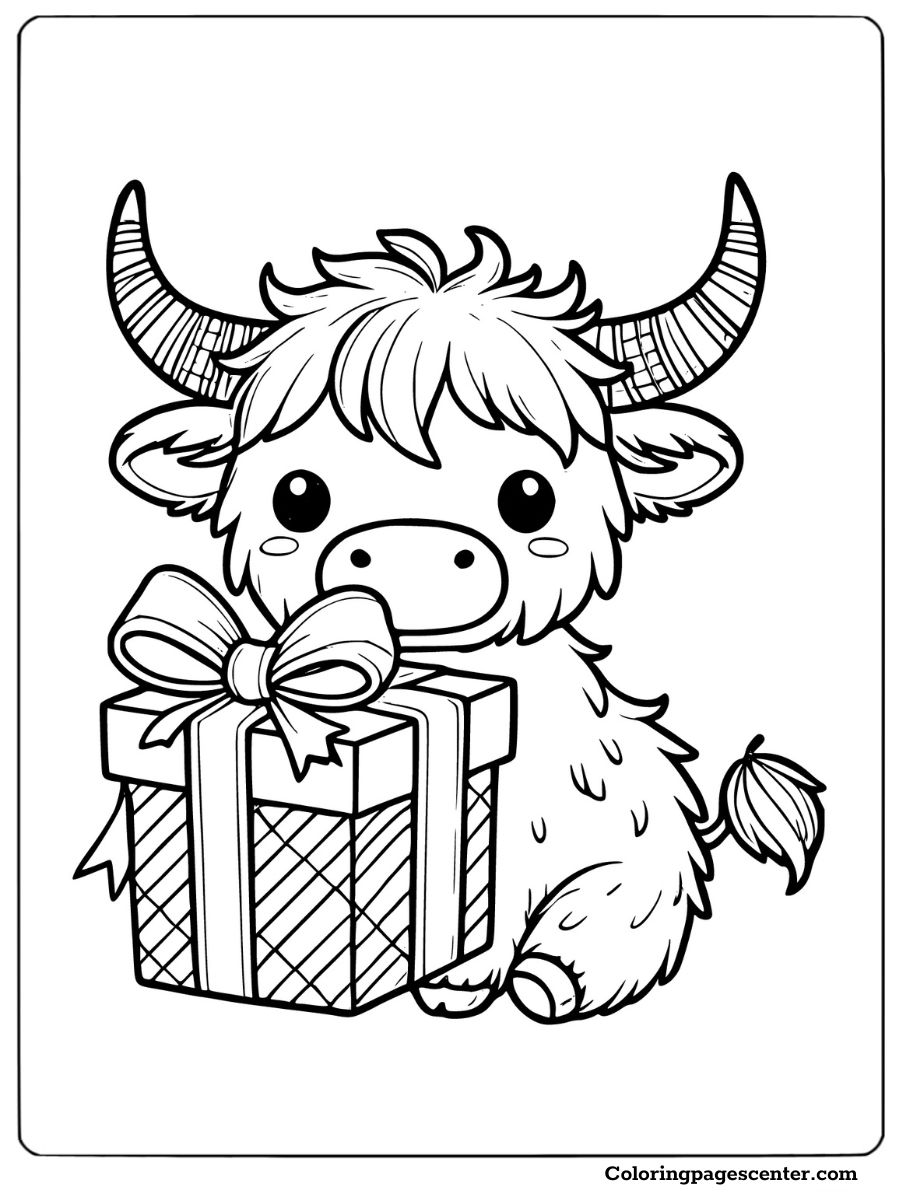 Highland cow holding a Christmas gift coloring page