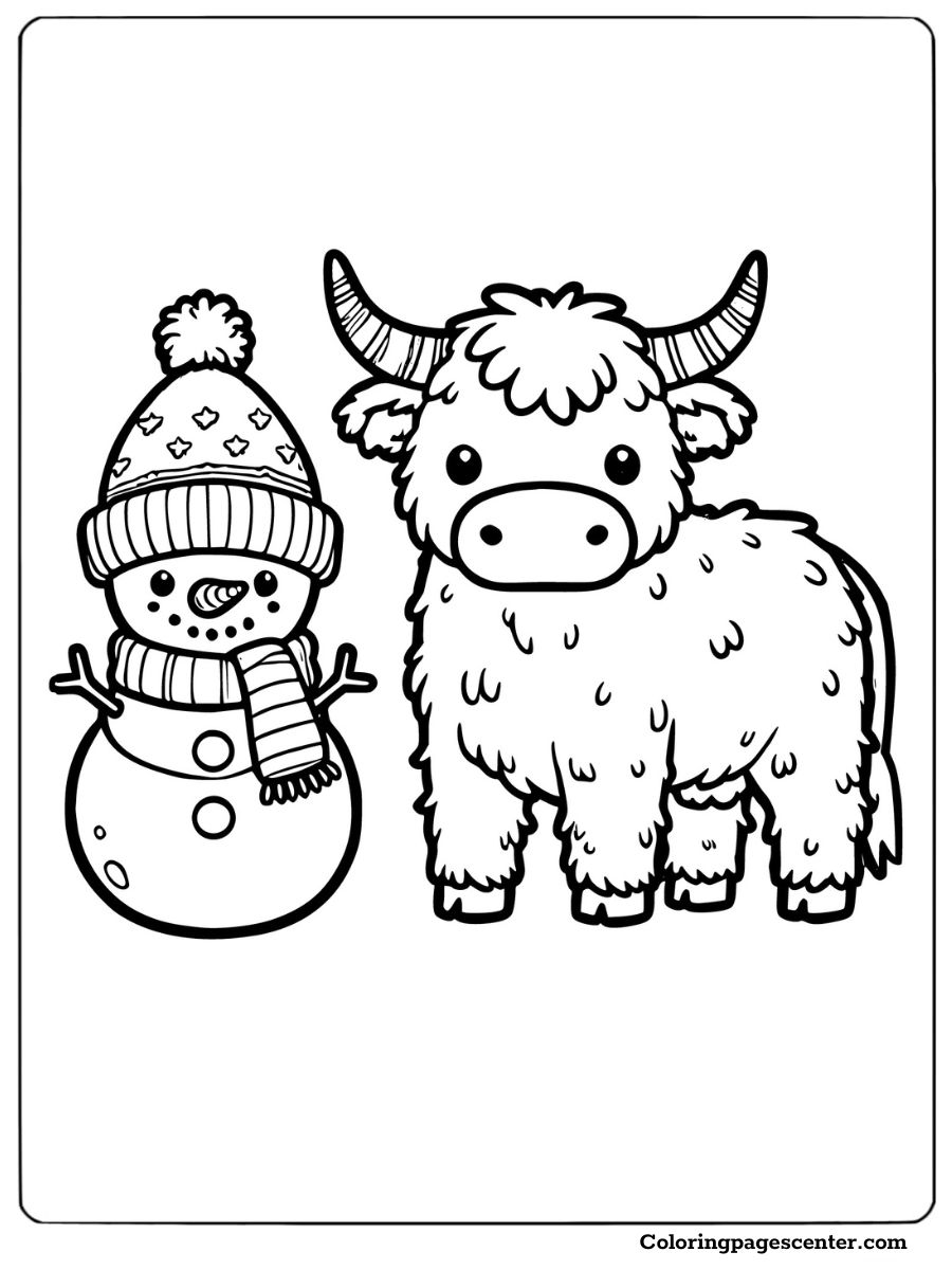 Christmas Highland cow and snowman coloring page