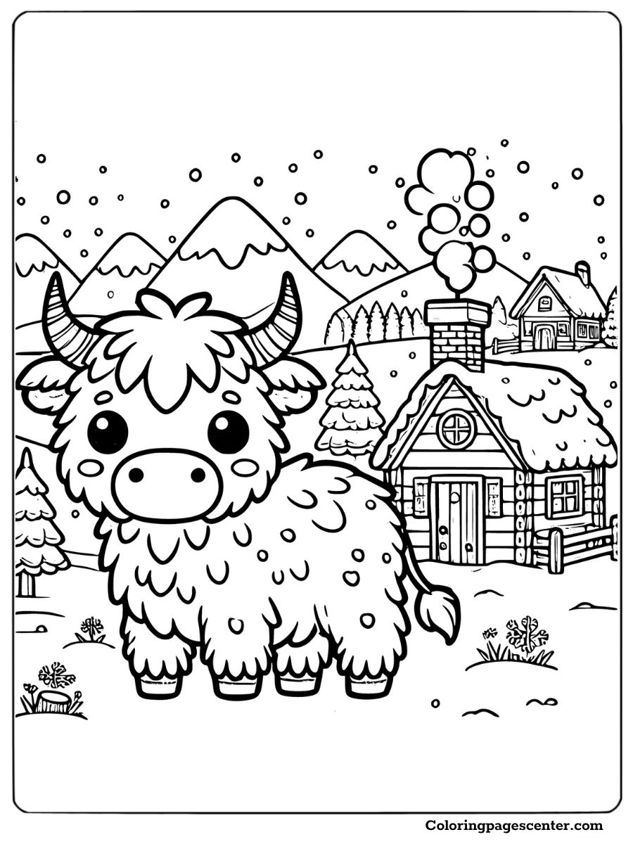 Highland cow in a snowy Christmas cabin coloring page