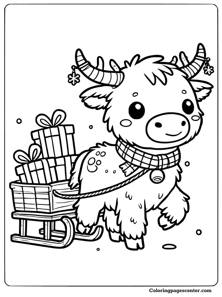 Highland cow pulling a sleigh of Christmas gifts coloring page