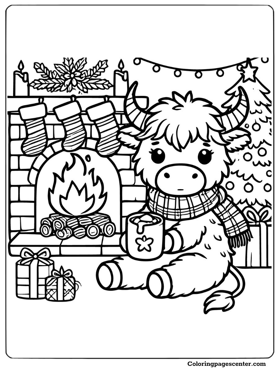 Highland cow by a cozy Christmas fireplace coloring page