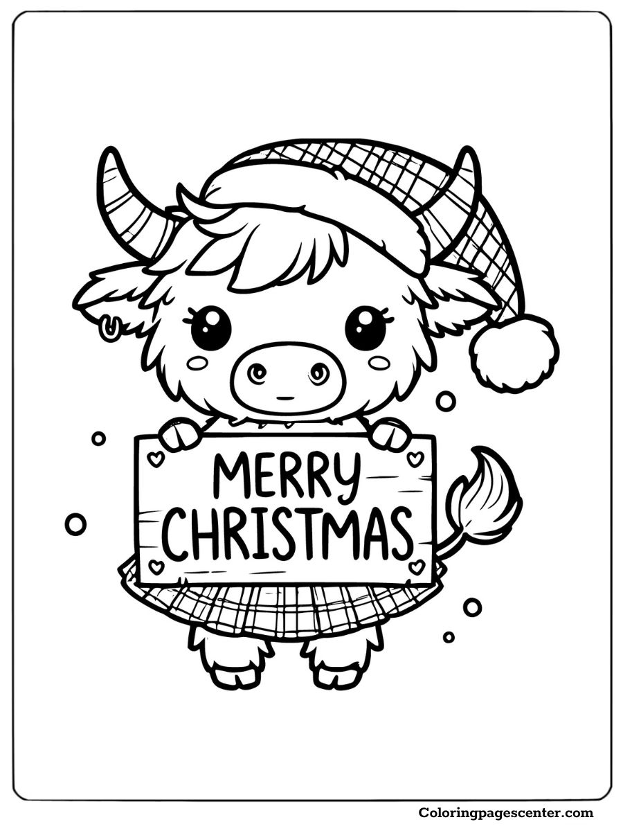 Highland cow holding a Merry Christmas sign coloring page