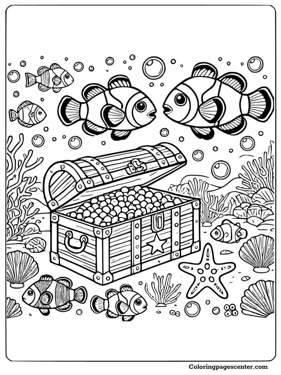 Clownfish Coloring Page Featuring a Treasure Chest Surrounded by Marine Life