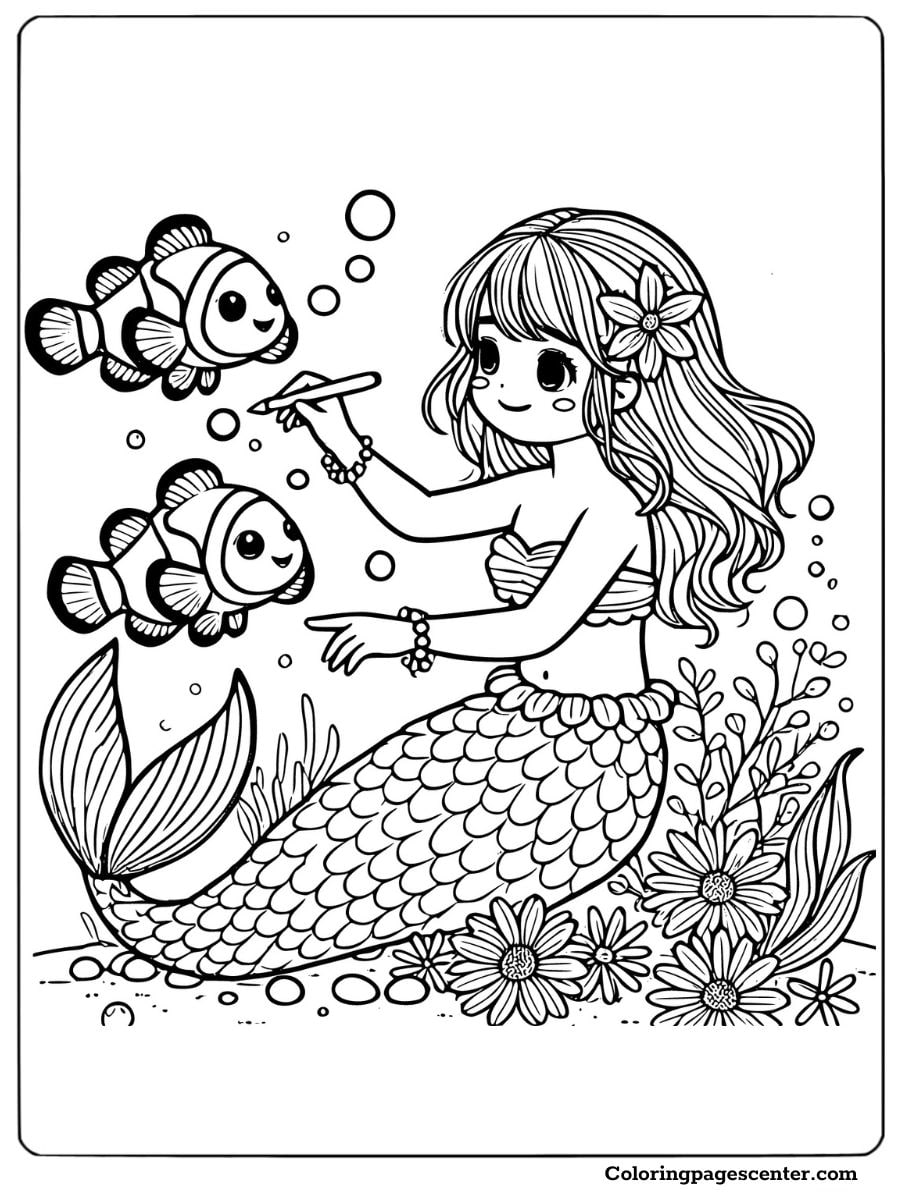 Clownfish Coloring Page with a Beautiful Mermaid Playing Among Bubbles