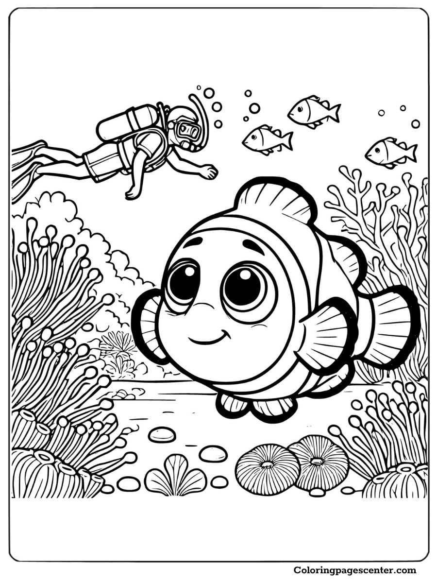 Clownfish Coloring Page with Happy Diver Exploring a Vibrant Coral Reef