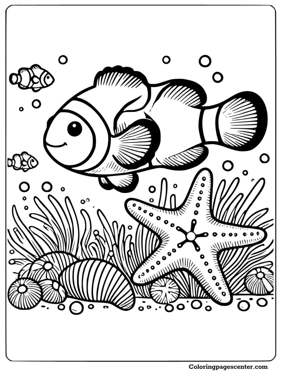 Clownfish Coloring Page Highlighting a Starfish and Underwater Treasures