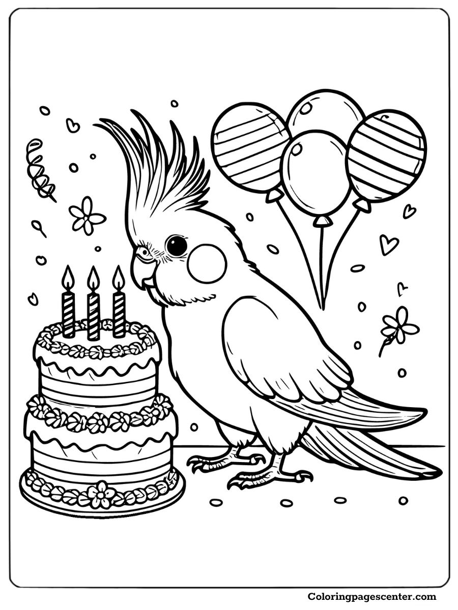 Cheerful cockatiel celebrating a birthday with a layered cake and balloons coloring page