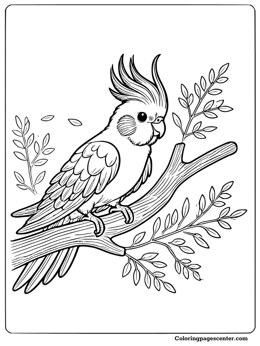 Cute cockatiel perched on a tree branch surrounded by leaves coloring page