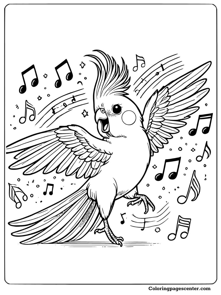 Excited cockatiel dancing with open wings while music notes float around coloring page