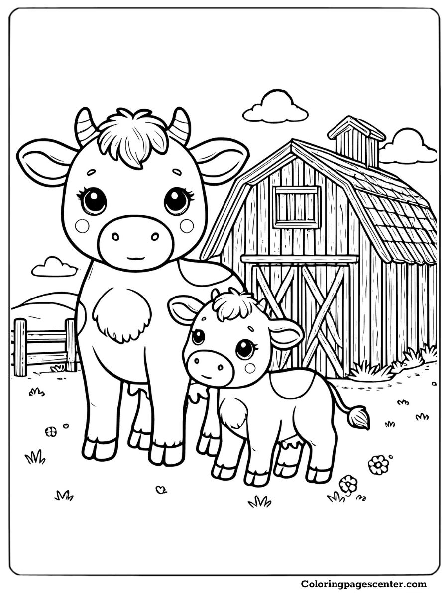 Cow and calf outside a barnyard coloring page