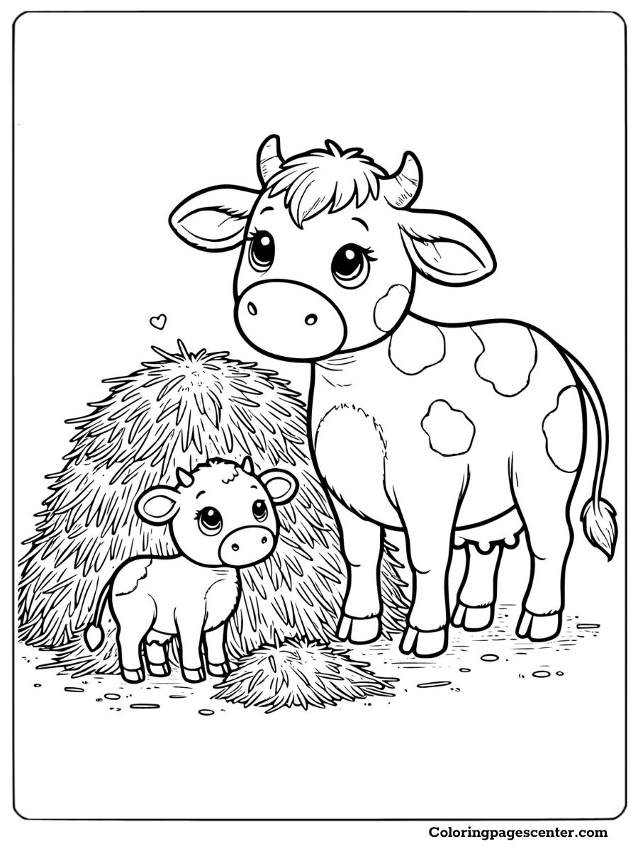 Adorable cow and baby calf near haystack coloring page