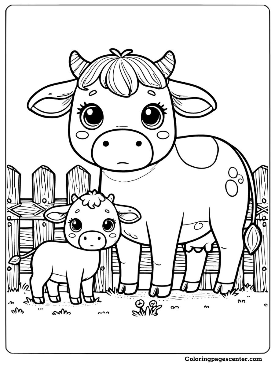 Cow and calf standing near a wooden fence coloring page