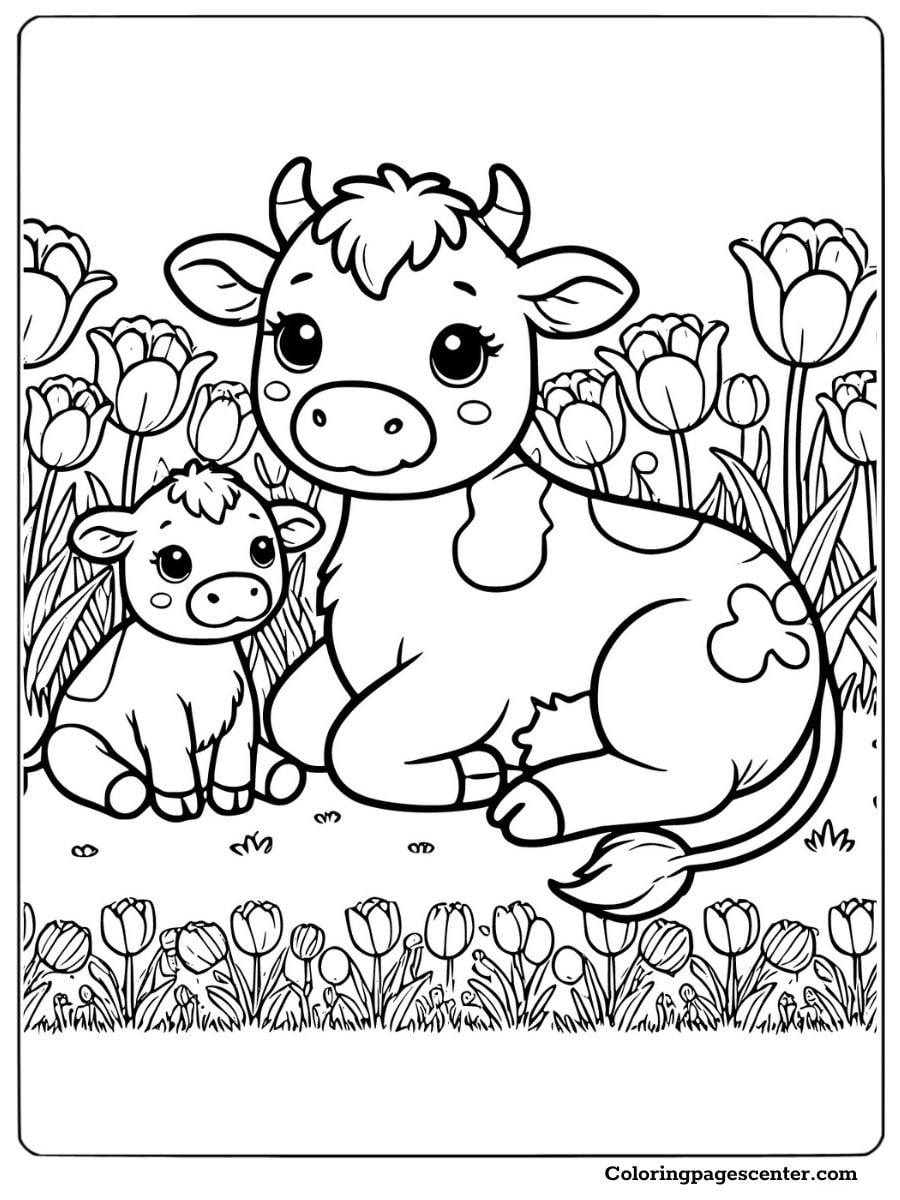 Cow and calf sitting in tulip field coloring page