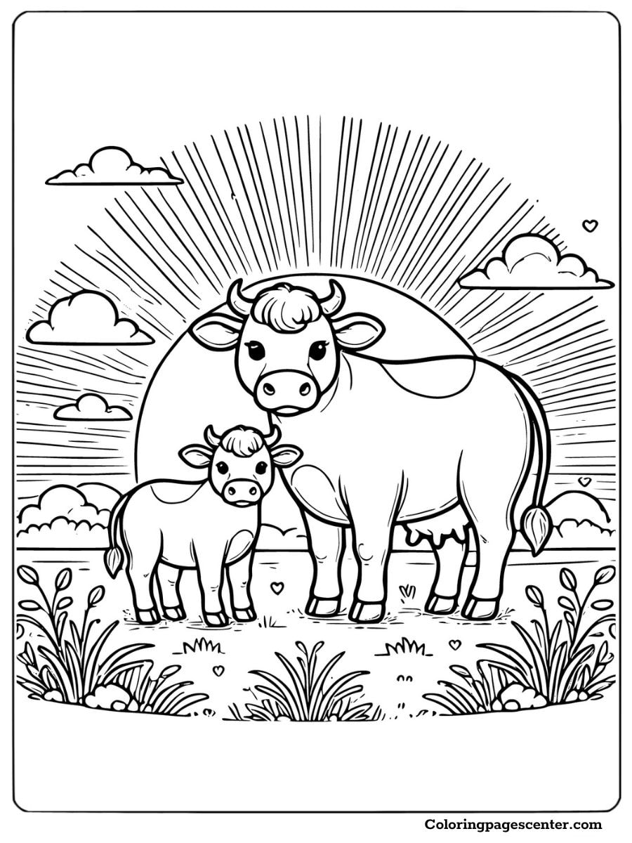 A cow and calf with sunrise coloring page