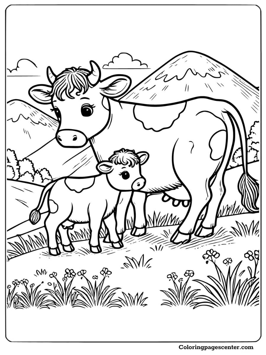 Cow and calf grazing in a meadow coloring page