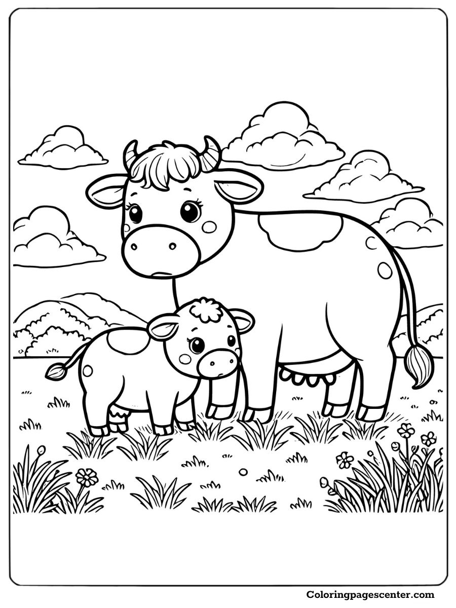 Cow and calf grazing in a meadow coloring page