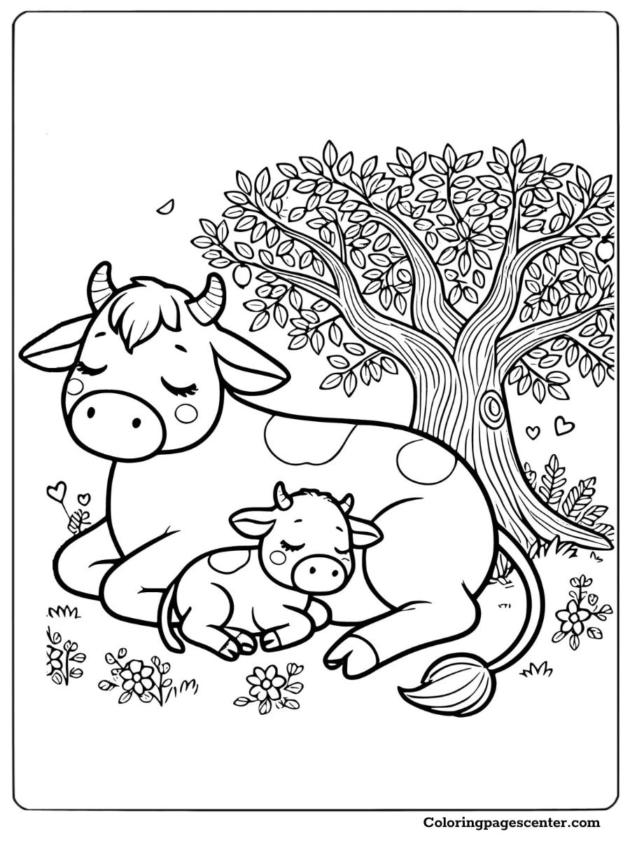 Cow and calf resting under a tree coloring page