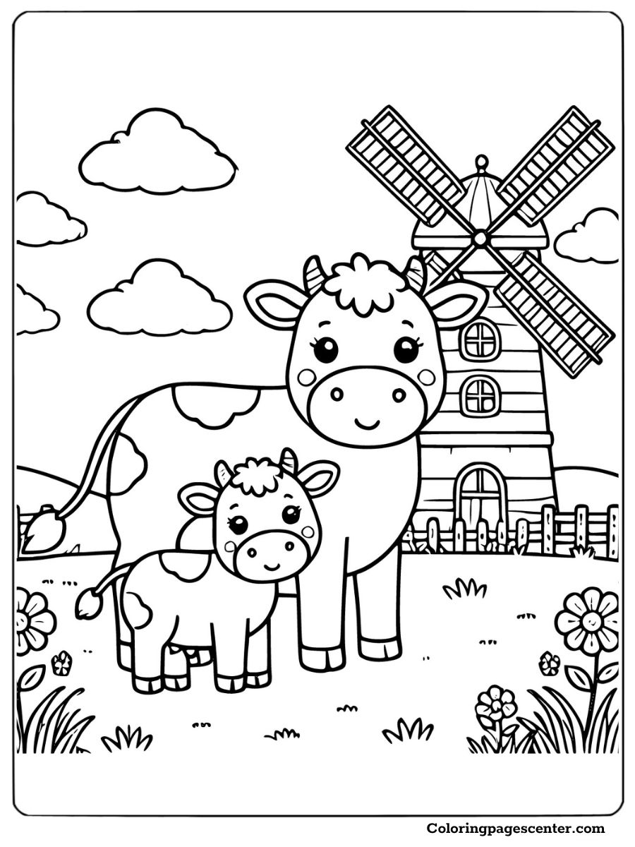 Cow and calf with windmill and flowers coloring page