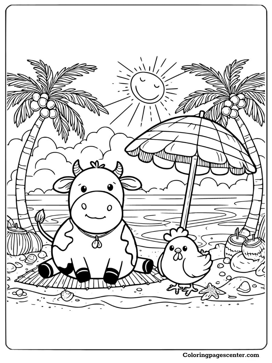 Cow and chicken relaxing at the beach coloring page