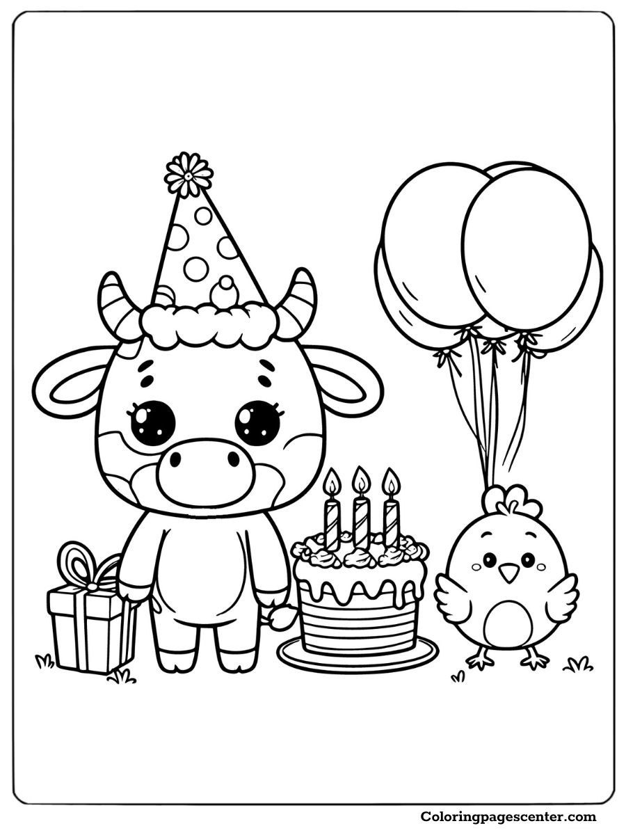 Coloring page of cow and chicken celebrating a birthday