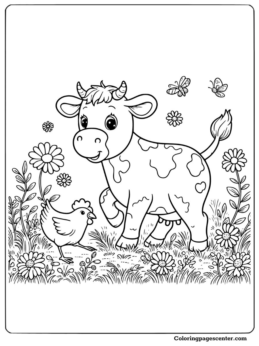 Cow and chicken in a vibrant flower field coloring page