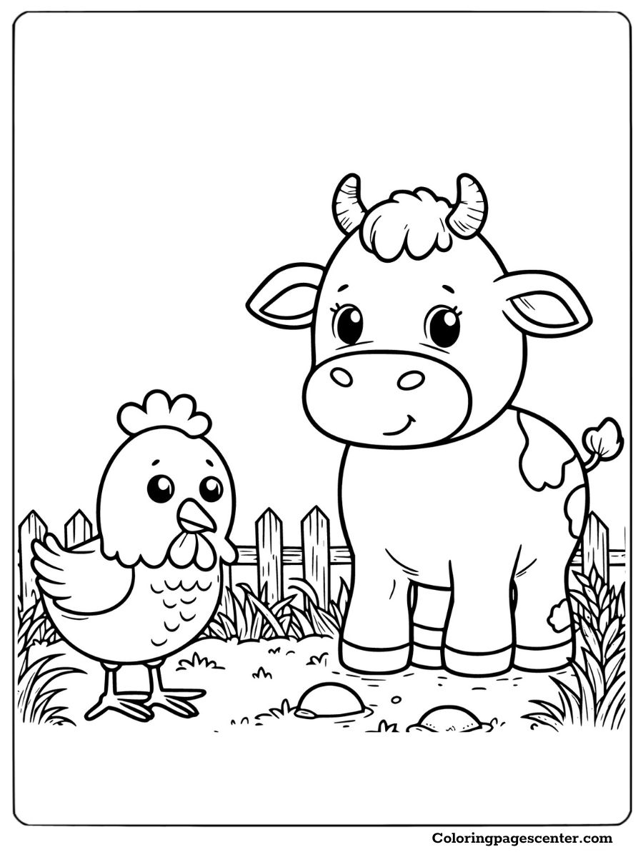 Cow and chicken coloring page set in a garden