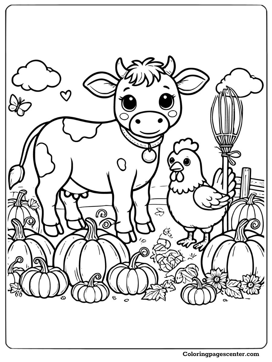 Pumpkin patch with cow and chicken coloring page