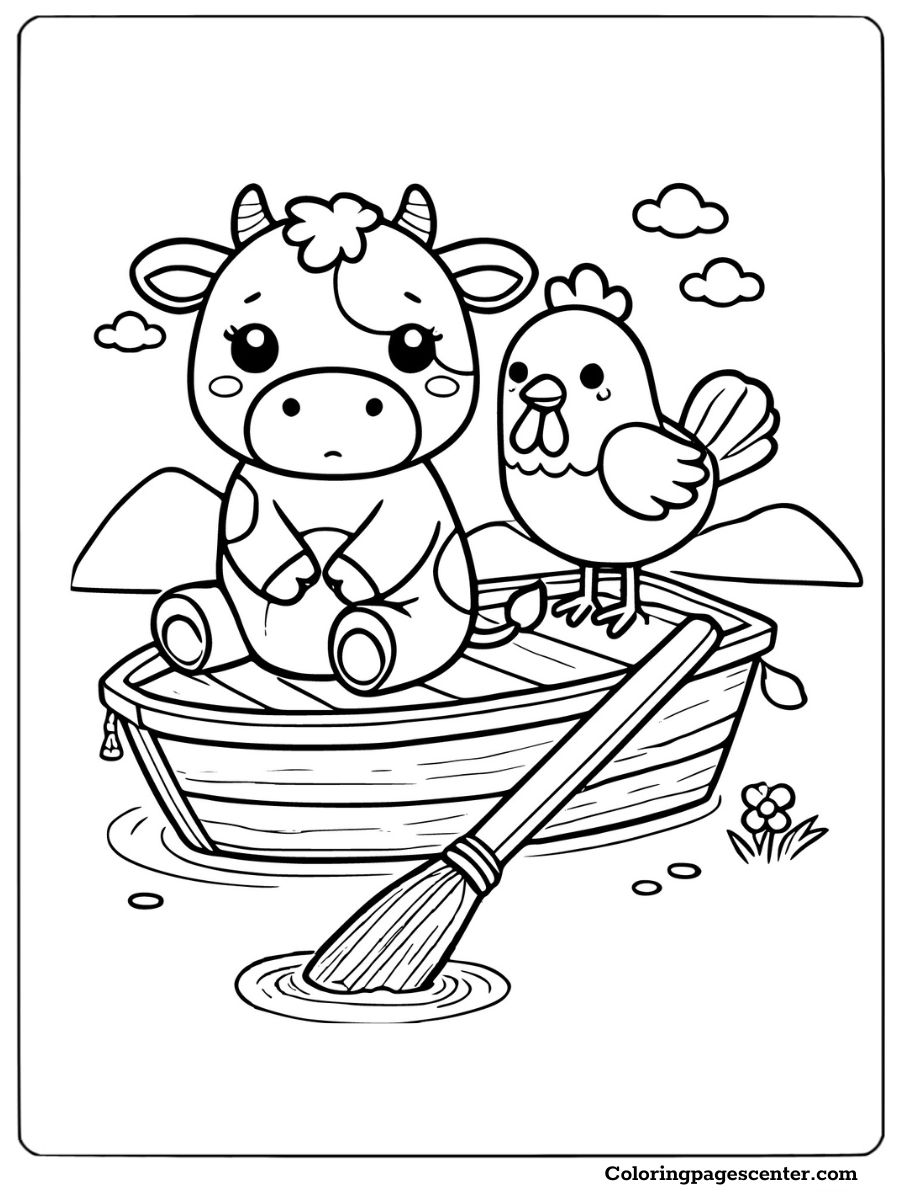 Coloring page of cow and chicken sitting in a boat