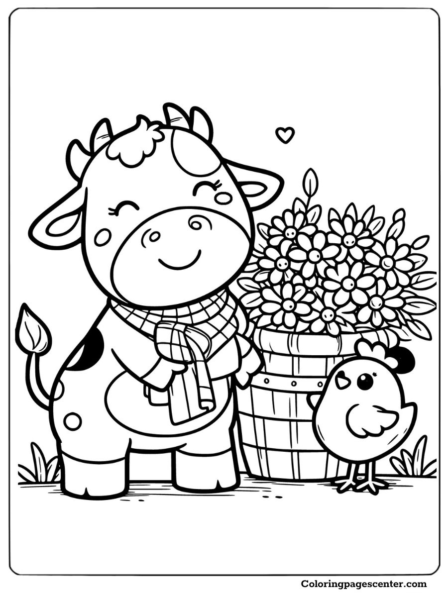 Cow and chicken next to a flower basket coloring page