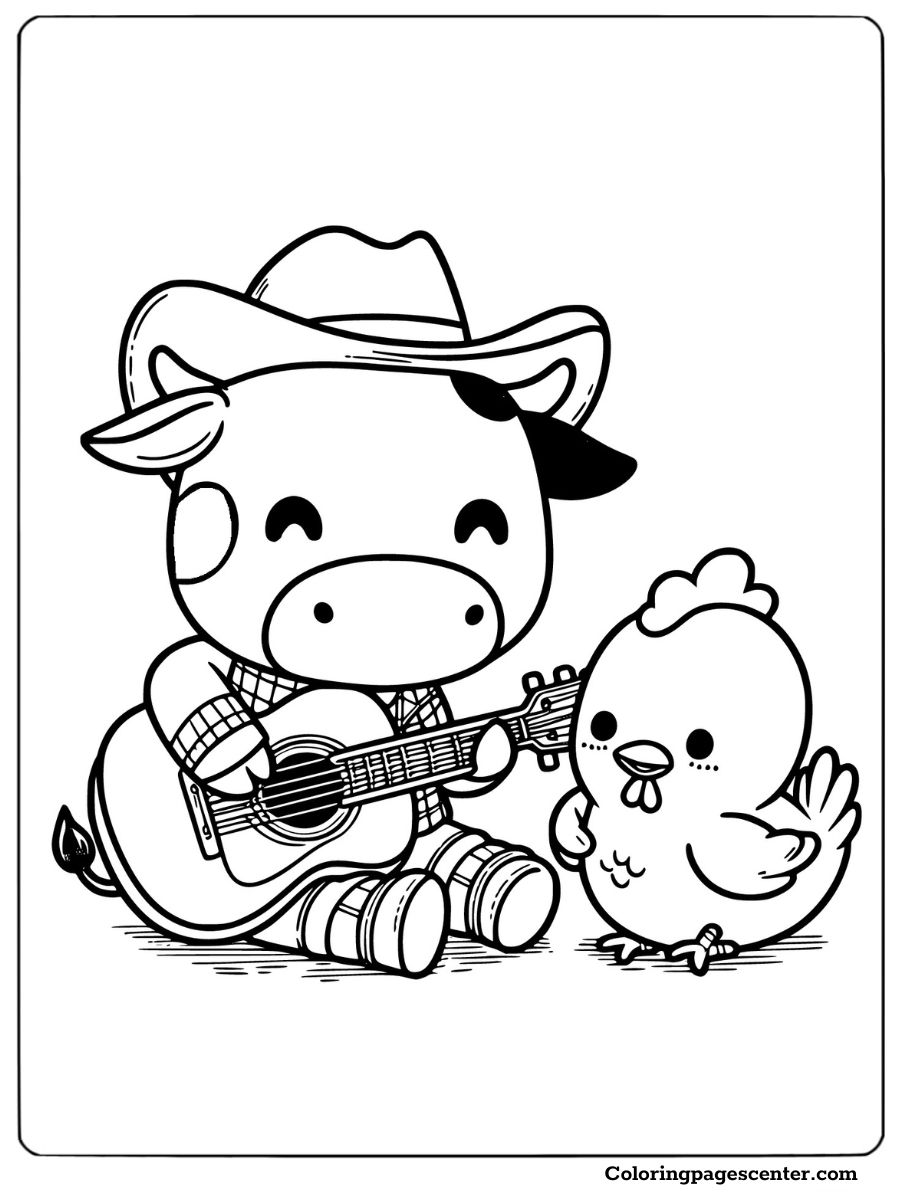 Coloring page of cow playing guitar for chicken