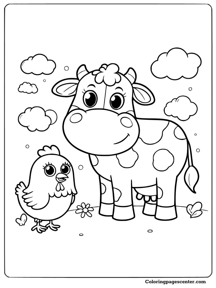 Meadow scene with a cute cow and chicken coloring page