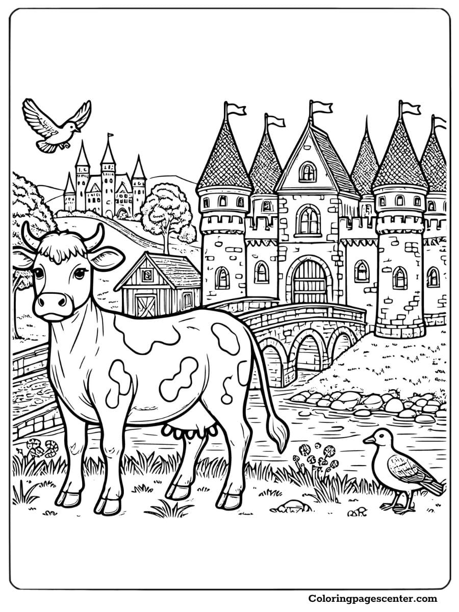 Cow near a castle with a flowing river coloring page for adults