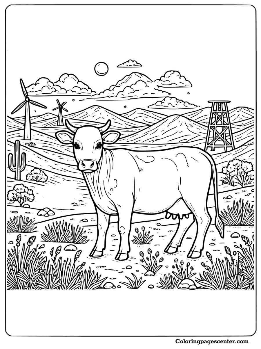 Cow on desert landscape and wind turbines coloring page for adults