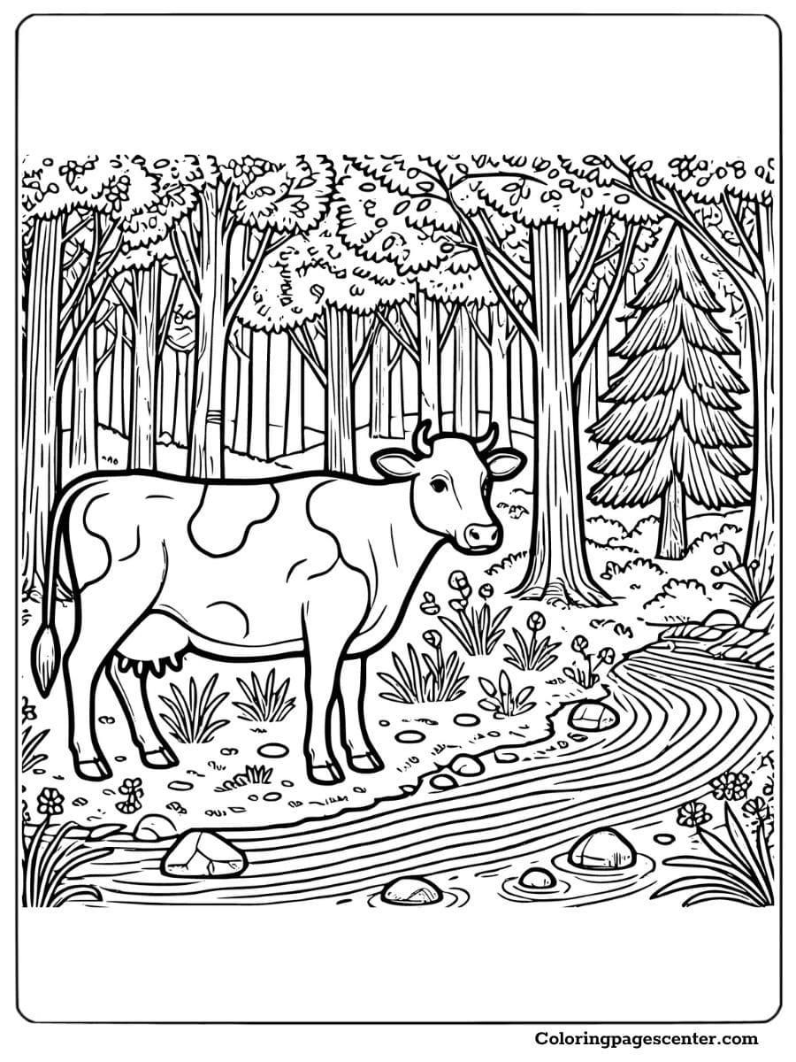 Beautiful cow in a lush forest scene coloring page for adults