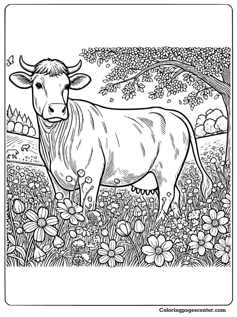 Relaxing cow in a flower-filled meadow coloring page for adults