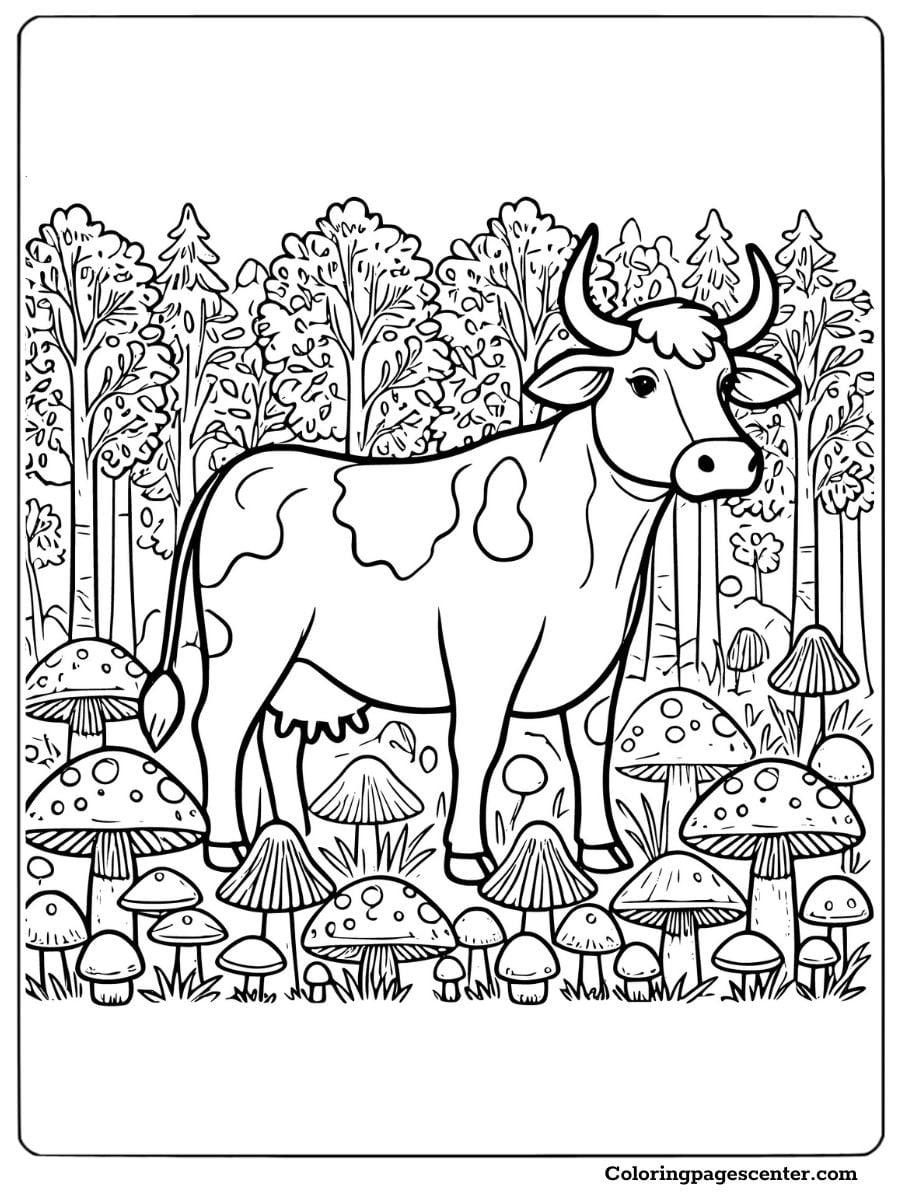 Cow in a magical mushroom forest coloring page for adults