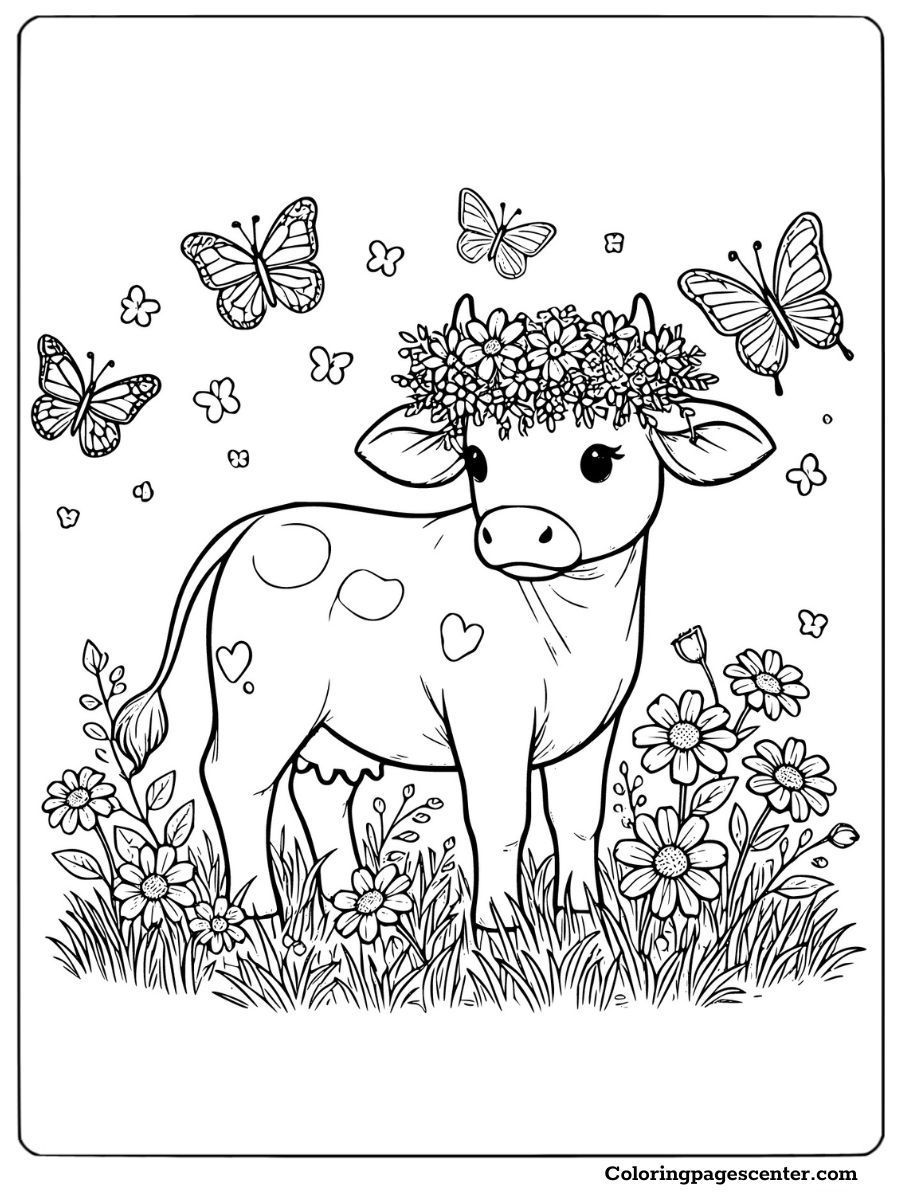 Sweet cow with a flower crown in a field coloring page for adults