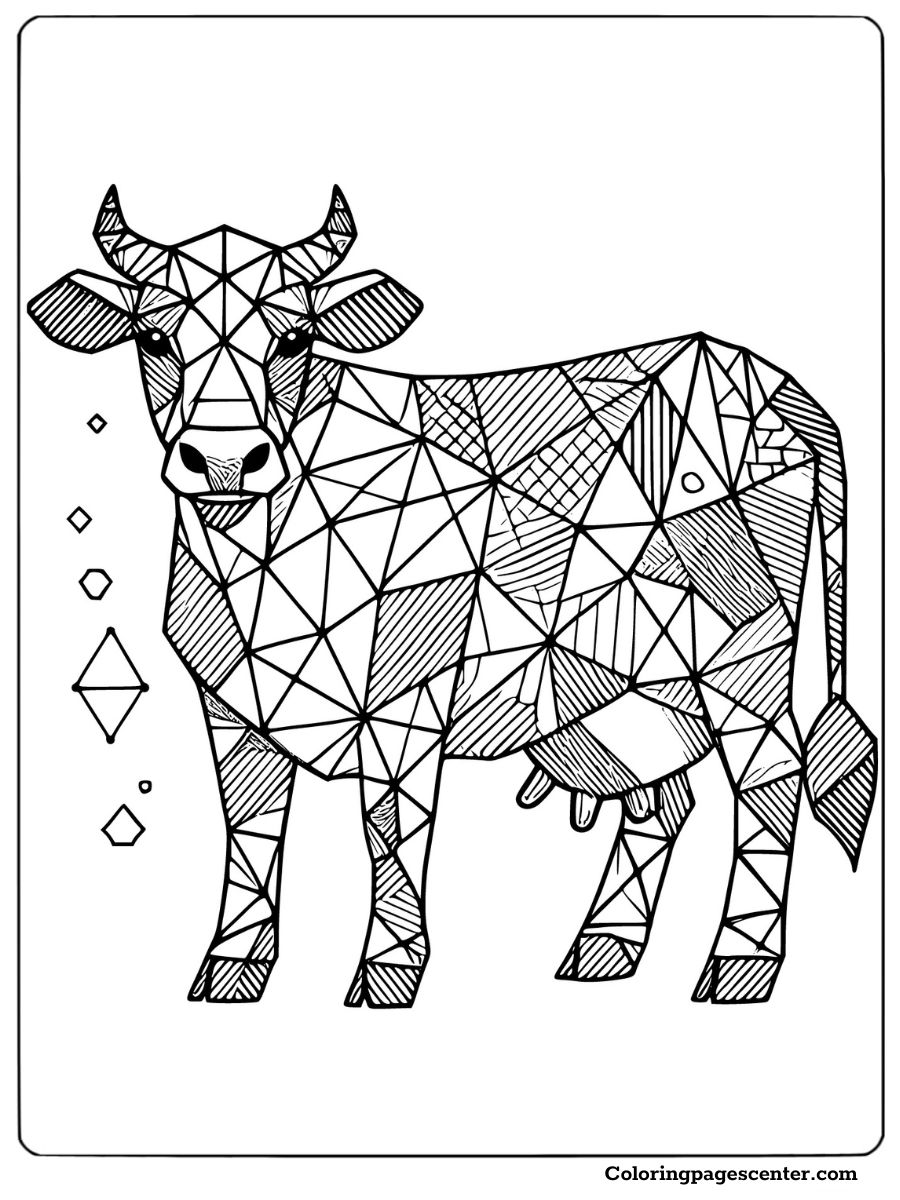 Creative geometric cow coloring page for adults