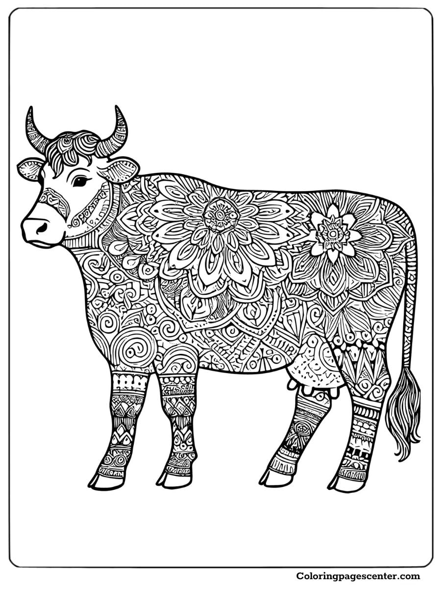 Intricate mandala design of a cow coloring page for adults