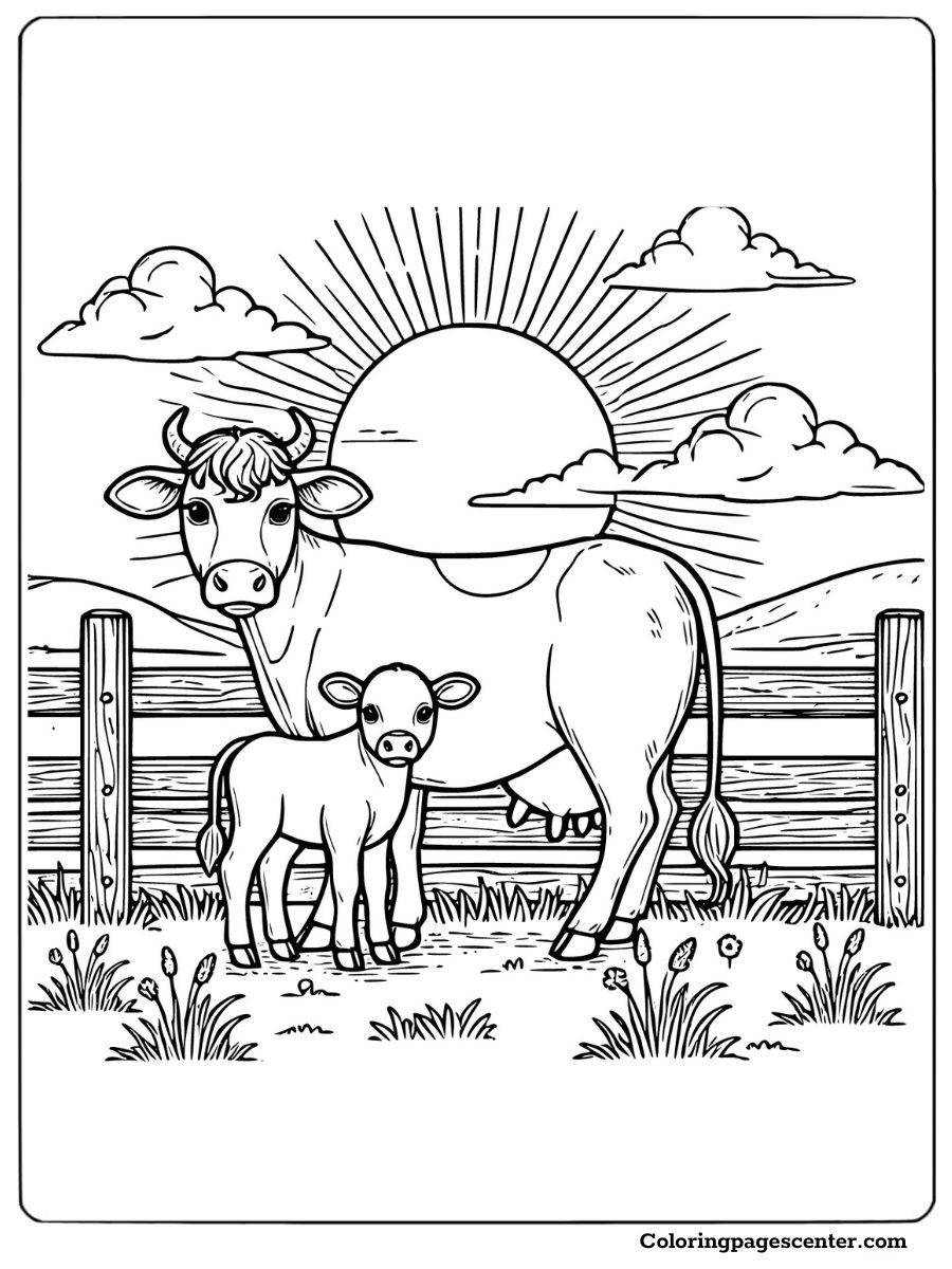 Mother cow with her calf in a pastoral coloring page for adults