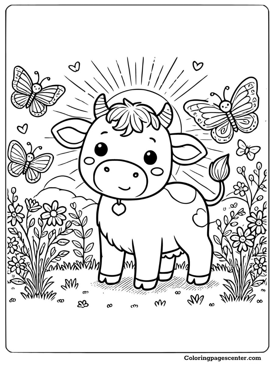 A cow surrounded by butterflies and flowers, playful coloring page for kids