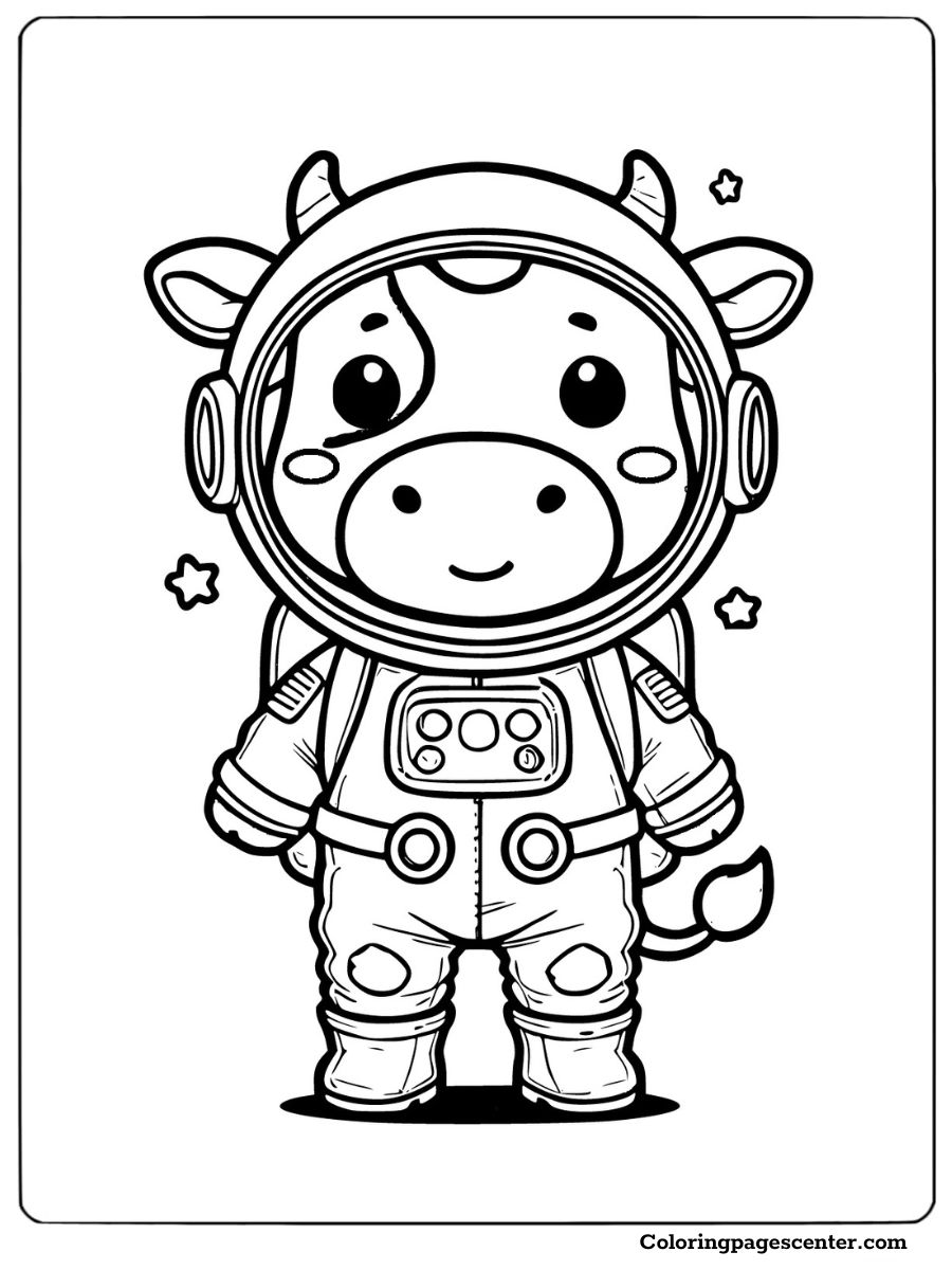 Space-themed cow as an astronaut, educational coloring page for kids