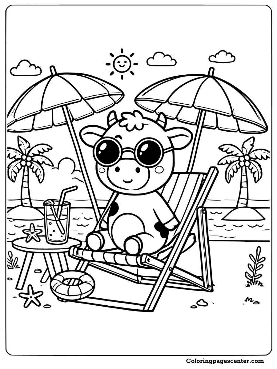 A cow relaxing on the beach, summer coloring page for kids