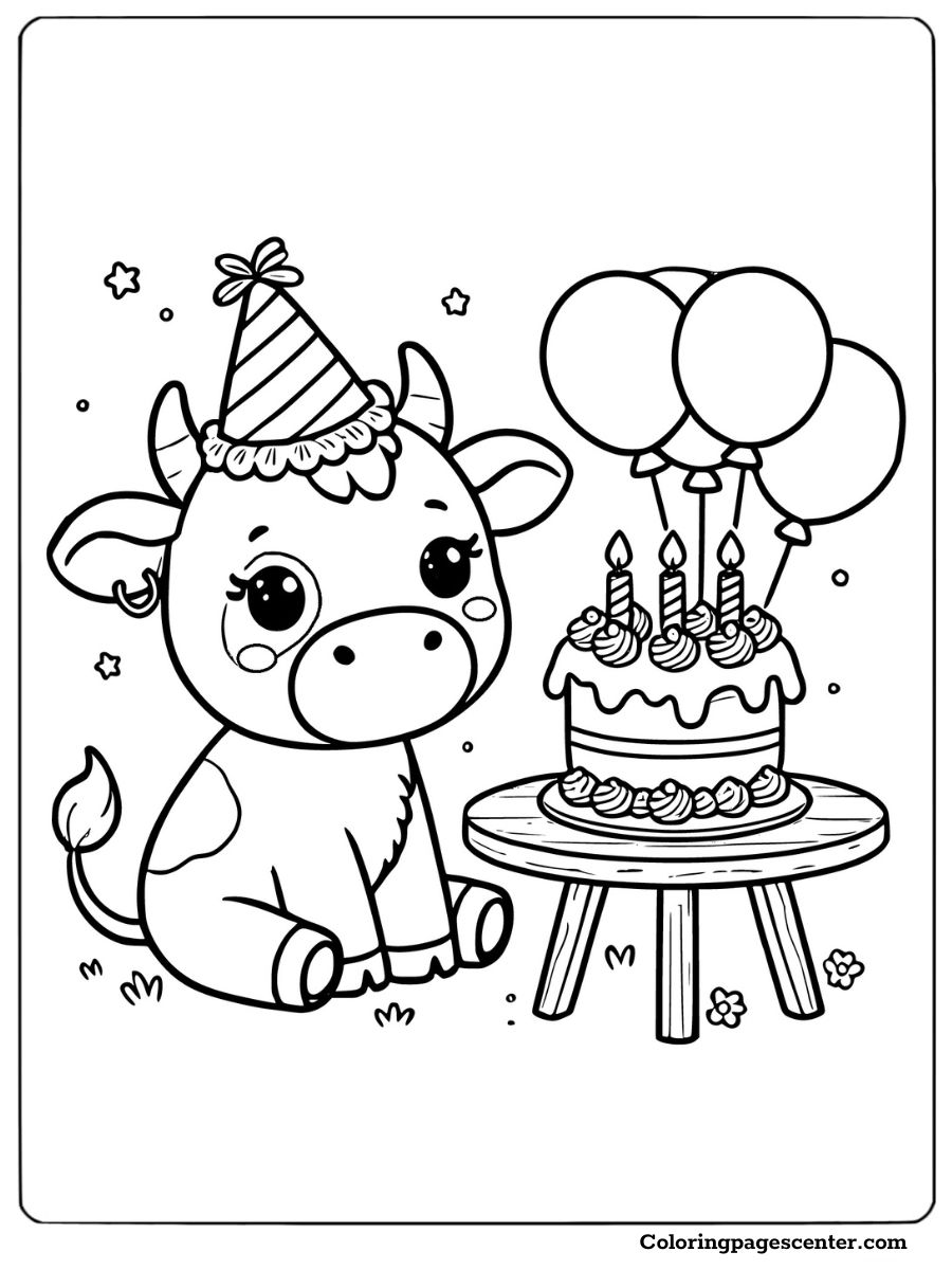 Cow celebrating birthday with a cake, joyful coloring page for kids