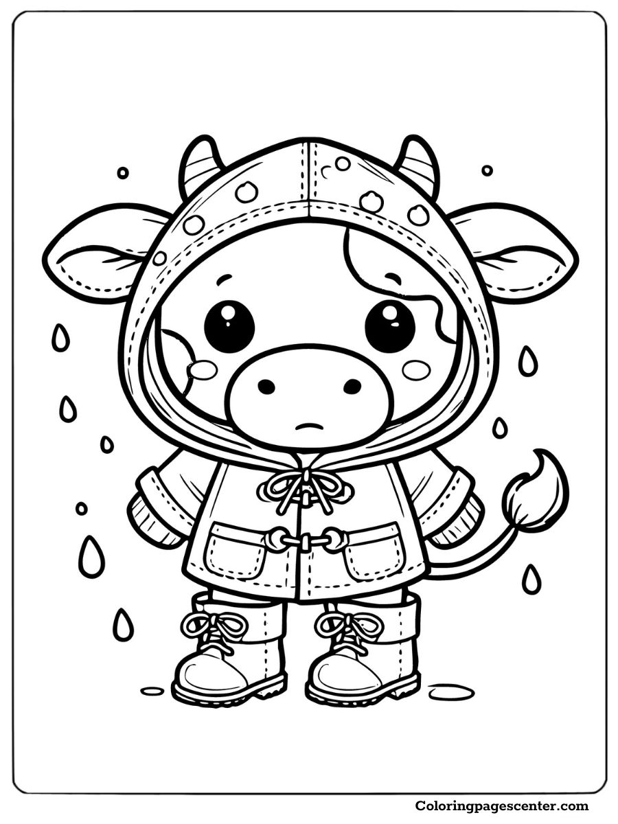 Cow dressed in a raincoat in rainy weather, unique coloring page for kids