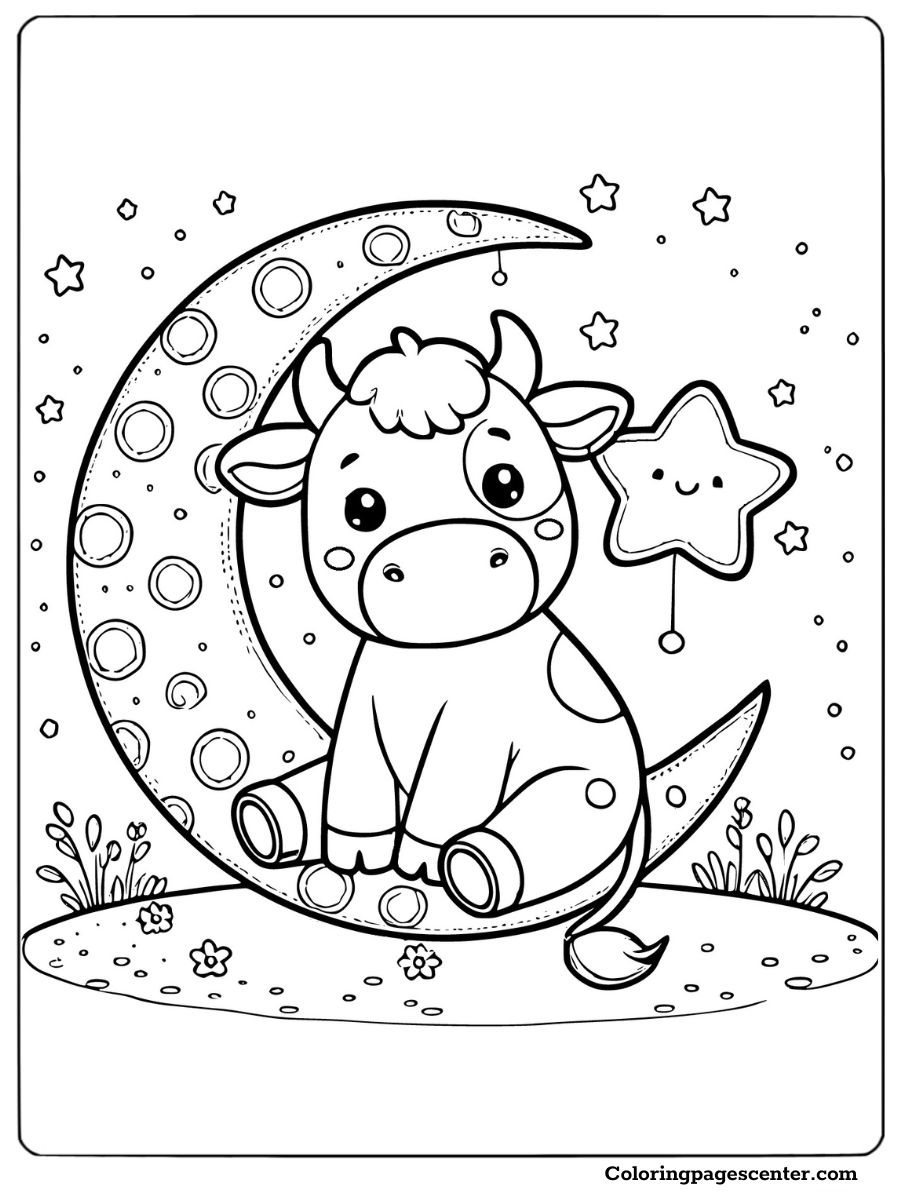 A cow sitting on a crescent moon, creative coloring page for kids